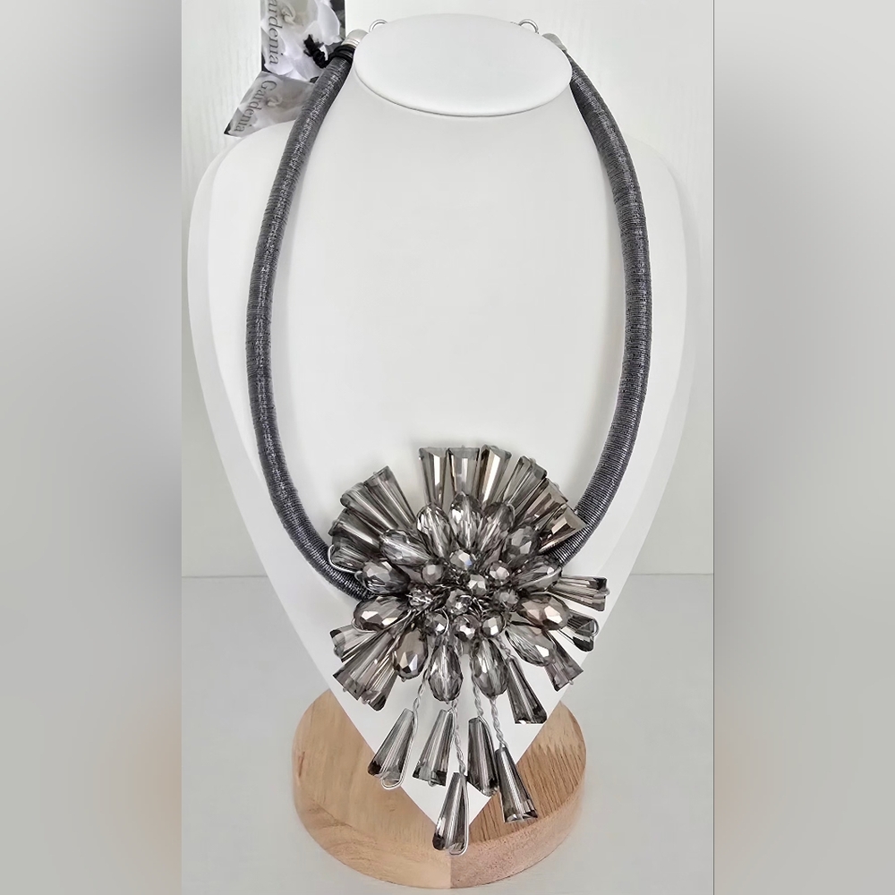 Smoky Gray Crystal Starburst Statement Necklace - Picture 5 of 9